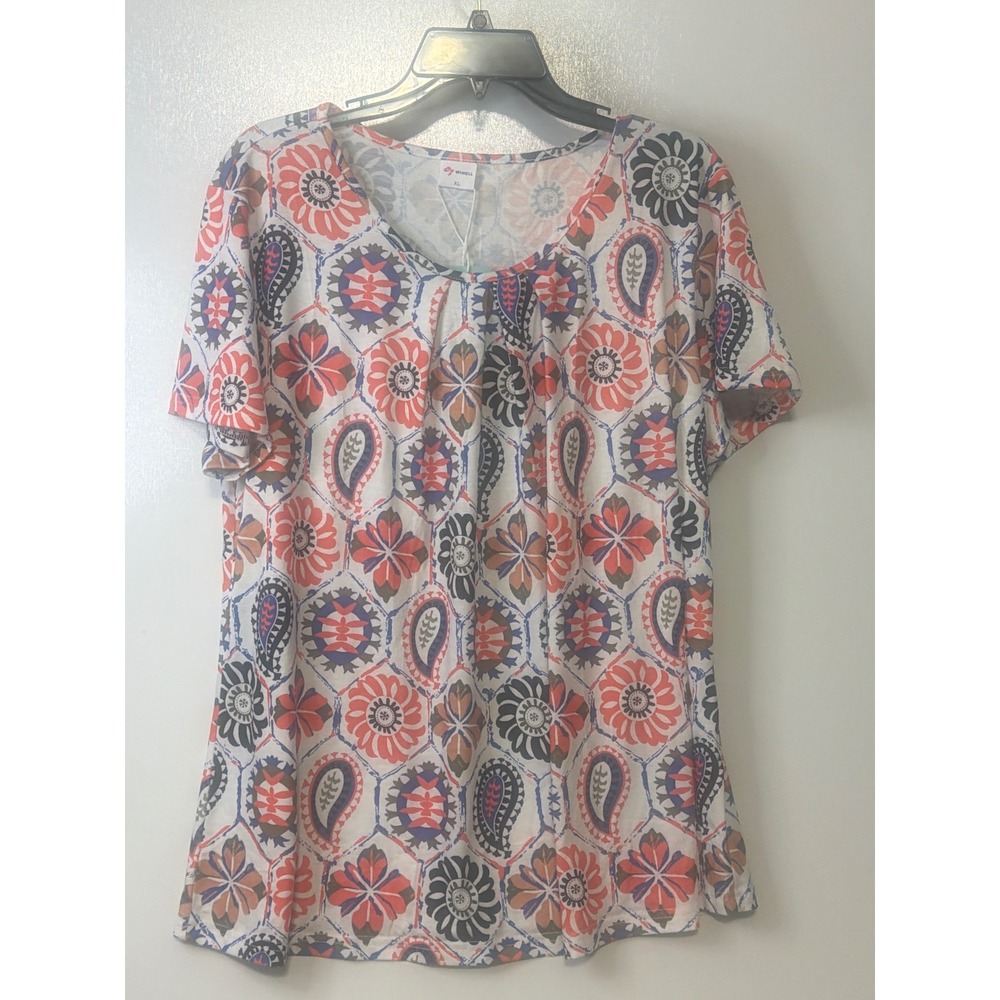 WIHOLL Women XL Short Sleeve Floral Paisley Geometric Print Scoop Neck Top NEW